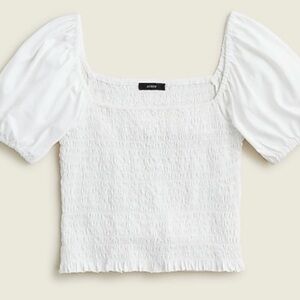 J. Crew White Smocked Puff Sleeve Blouse